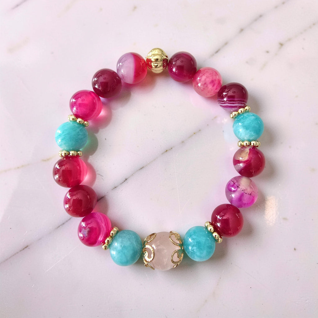 Bracelet AMARA – Quartz Rose, Agate Rose Fuchsia & Amazonite | Amour, Confiance & Sérénité | Or et Âme Bijoux