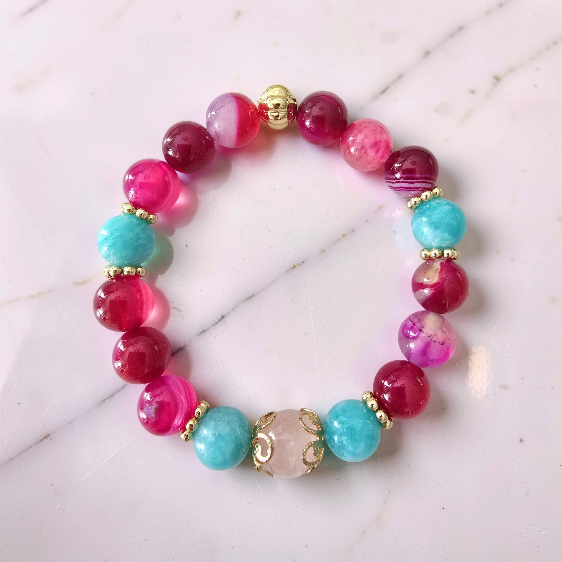 Bracelet AMARA – Quartz Rose, Agate Rose Fuchsia & Amazonite | Amour, Confiance & Sérénité | Or et Âme Bijoux