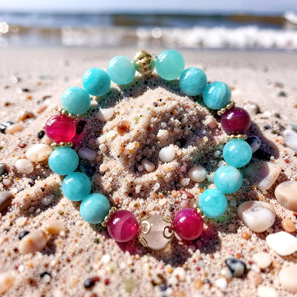 Bracelet AMARA – Quartz Rose, Agate Rose Fuchsia & Amazonite | Amour, Confiance & Sérénité | Or et Âme Bijoux