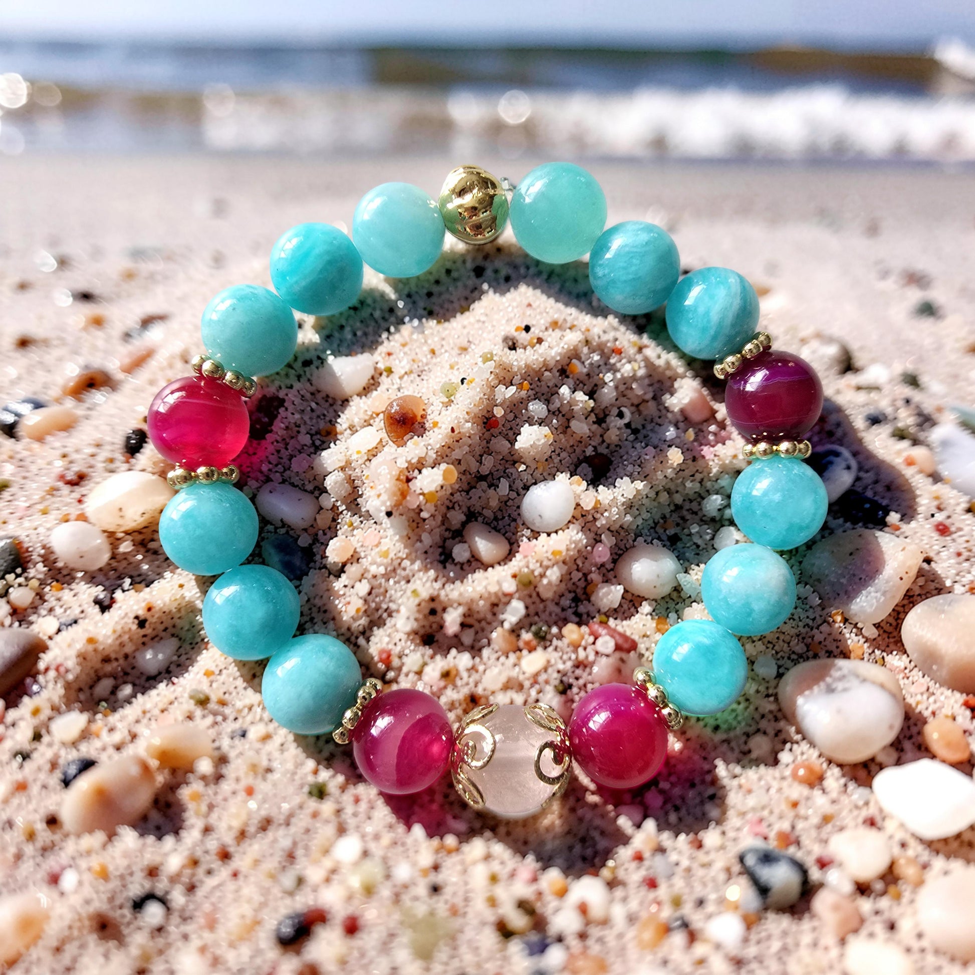 Bracelet AMARA – Quartz Rose, Agate Rose Fuchsia & Amazonite | Amour, Confiance & Sérénité | Or et Âme Bijoux
