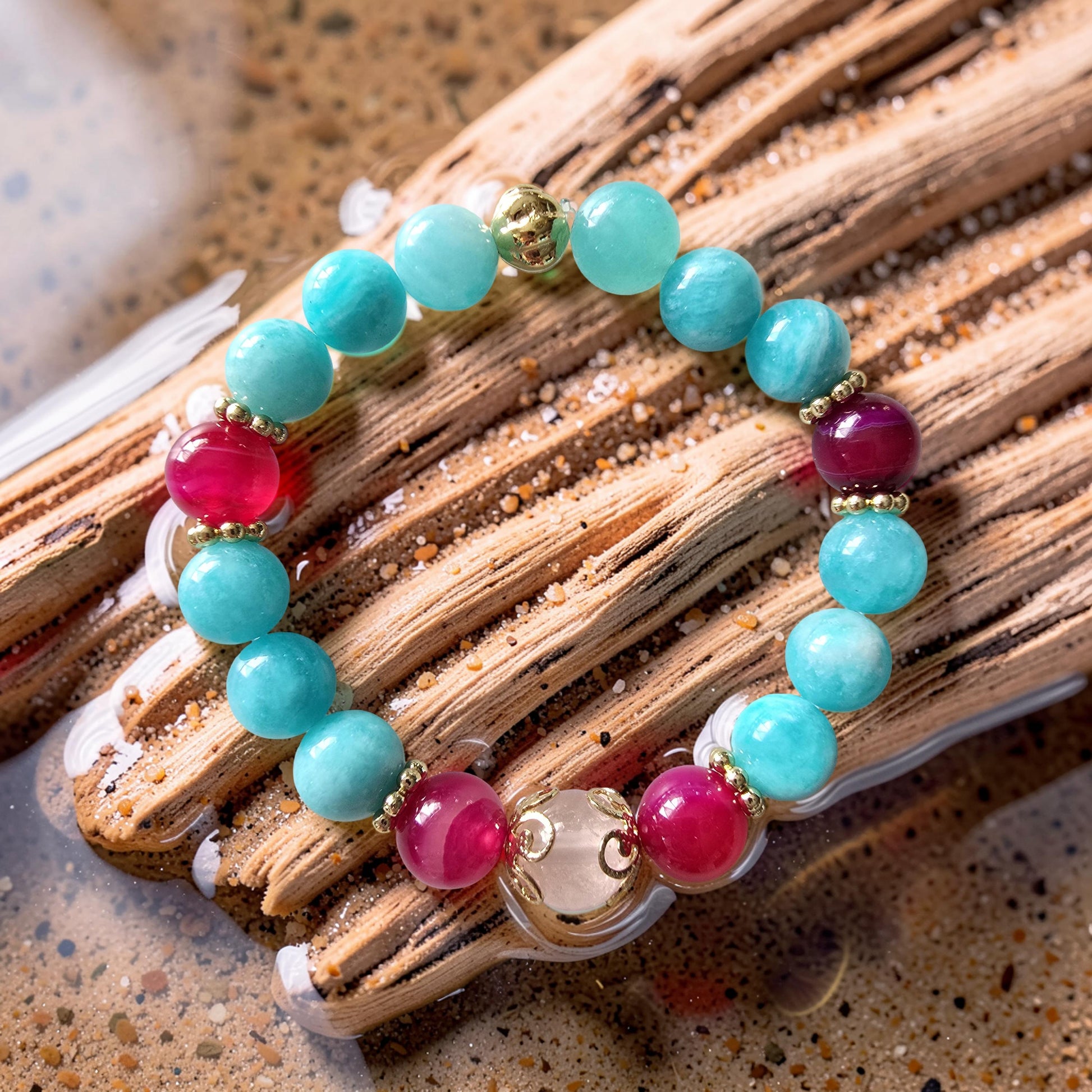 Bracelet AMARA – Quartz Rose, Agate Rose Fuchsia & Amazonite | Amour, Confiance & Sérénité | Or et Âme Bijoux
