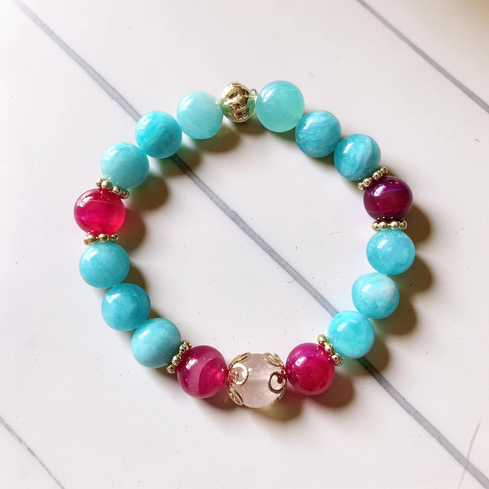 Bracelet AMARA – Quartz Rose, Agate Rose Fuchsia & Amazonite | Amour, Confiance & Sérénité | Or et Âme Bijoux