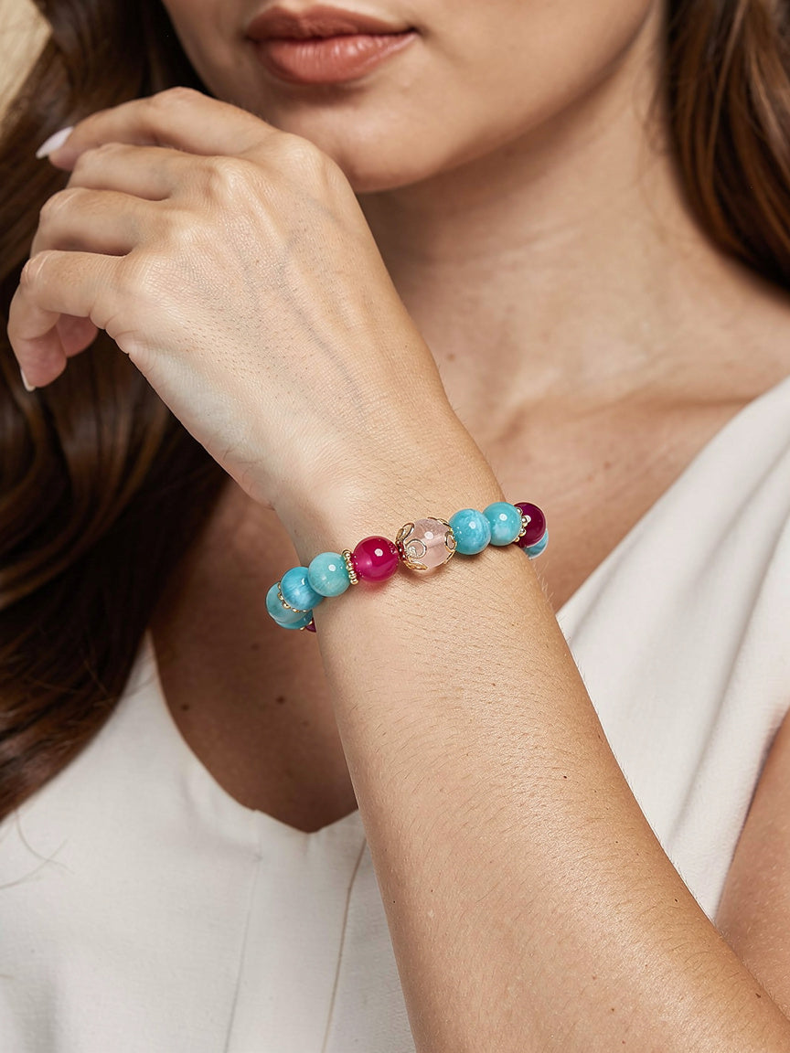 Bracelet AMARA – Quartz Rose, Agate Rose Fuchsia & Amazonite | Amour, Confiance & Sérénité | Or et Âme Bijoux