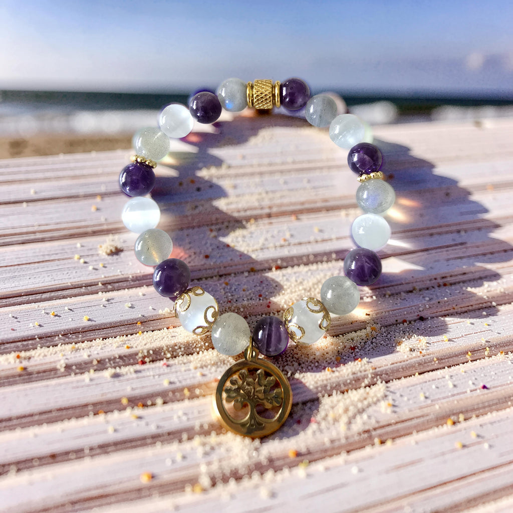 Bracelet Iris – Labradorite, Améthyste & Sélénite | Arbre de Vie
