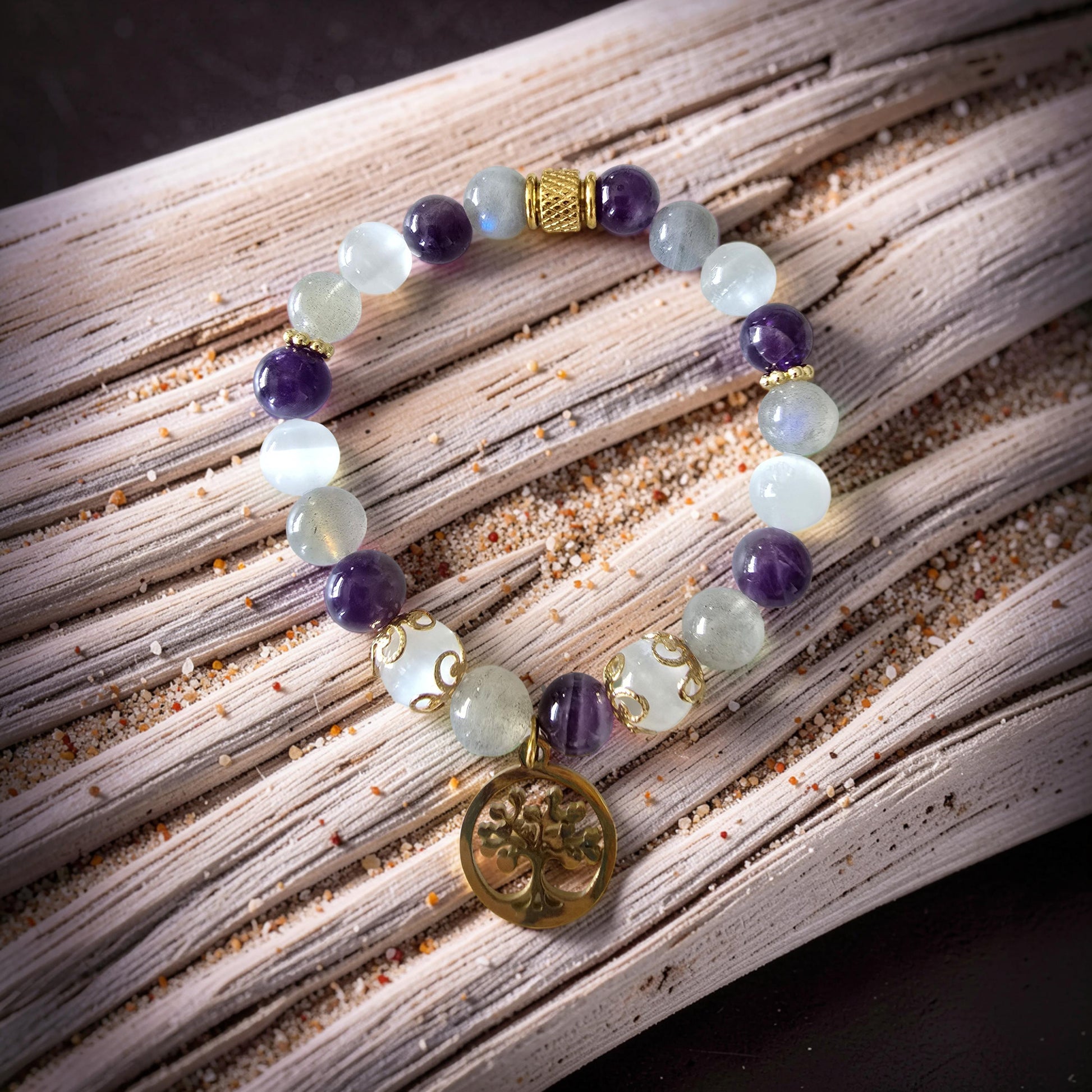 Bracelet Iris – Labradorite, Améthyste & Sélénite | Arbre de Vie