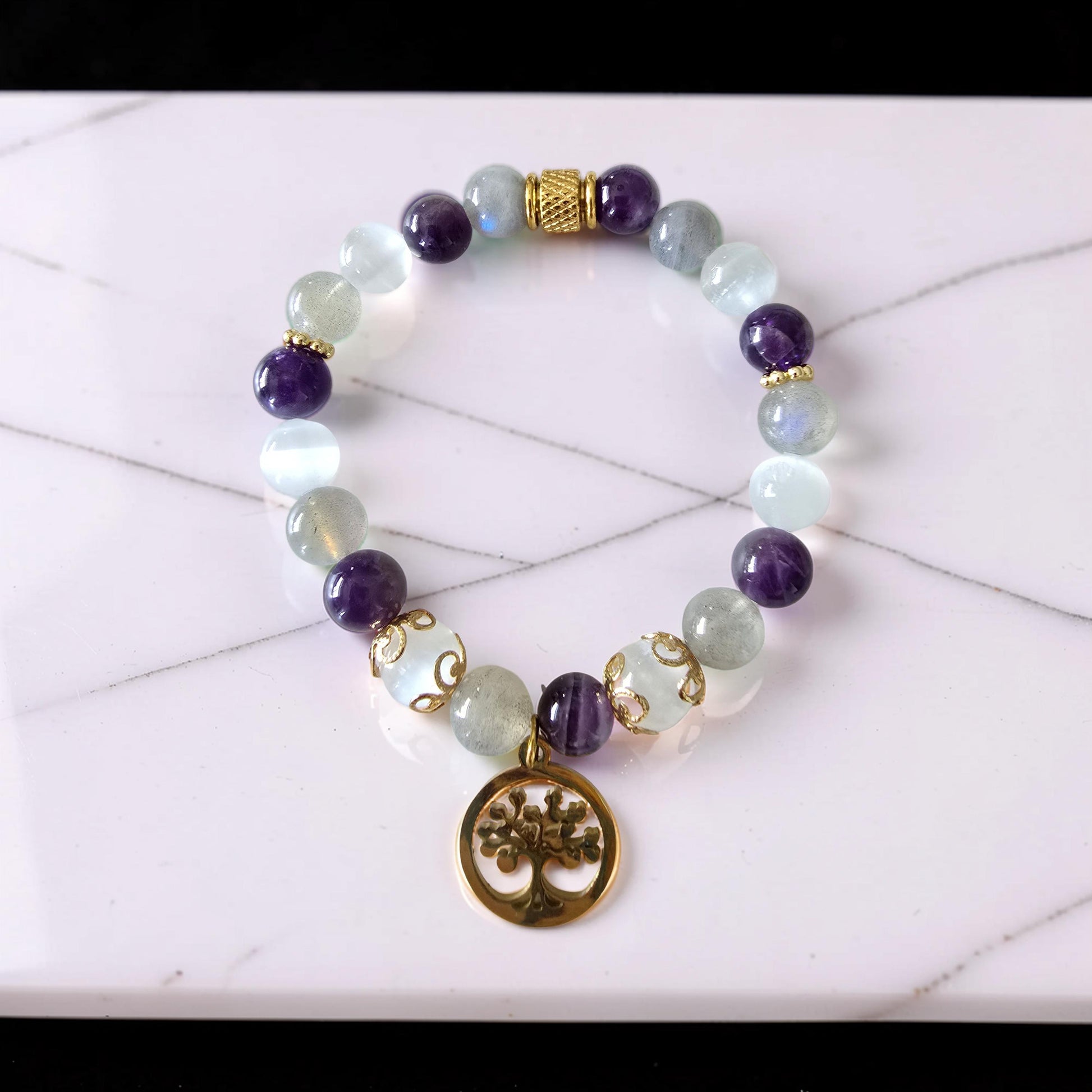 Bracelet Iris – Labradorite, Améthyste & Sélénite | Arbre de Vie