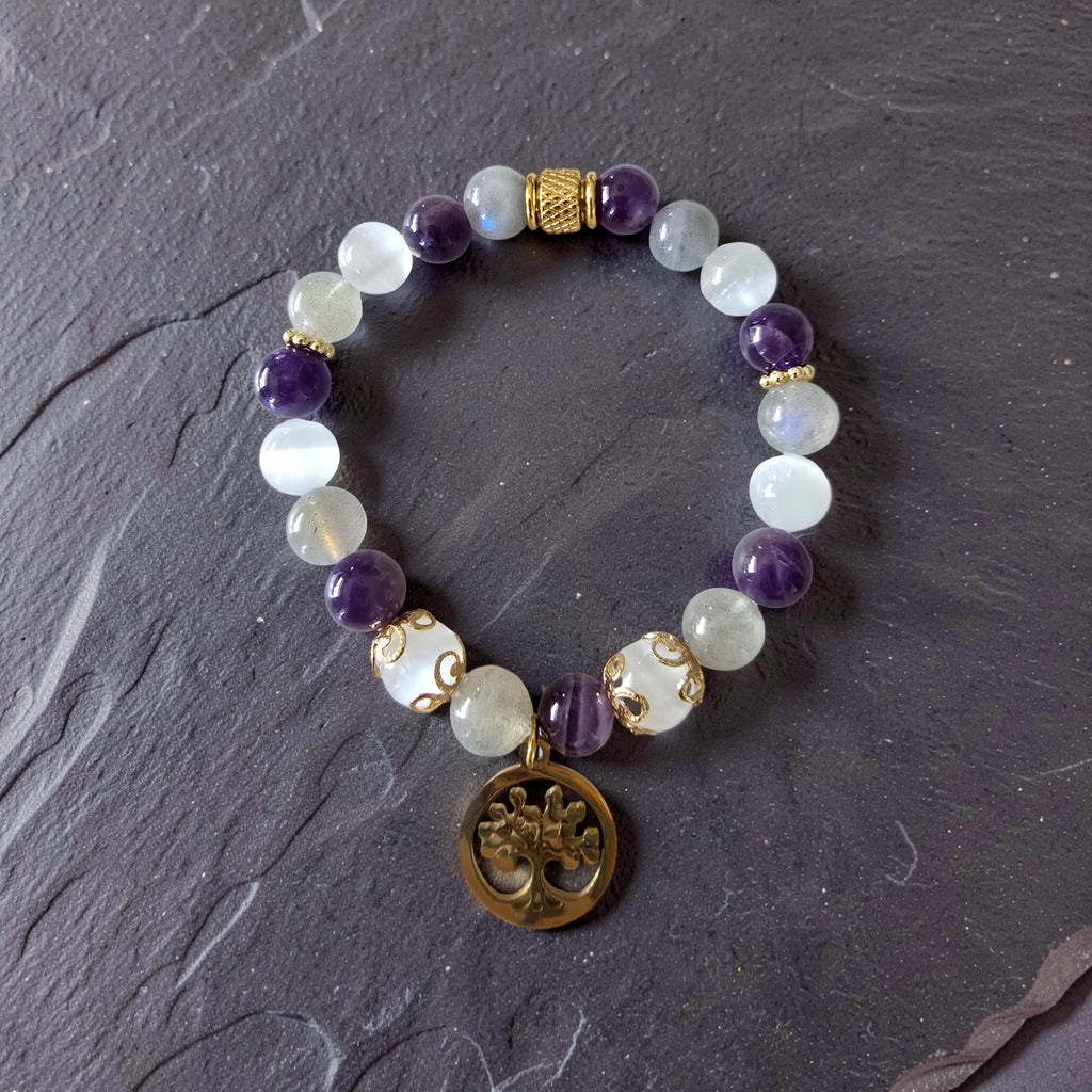 Bracelet Iris – Labradorite, Améthyste & Sélénite | Arbre de Vie