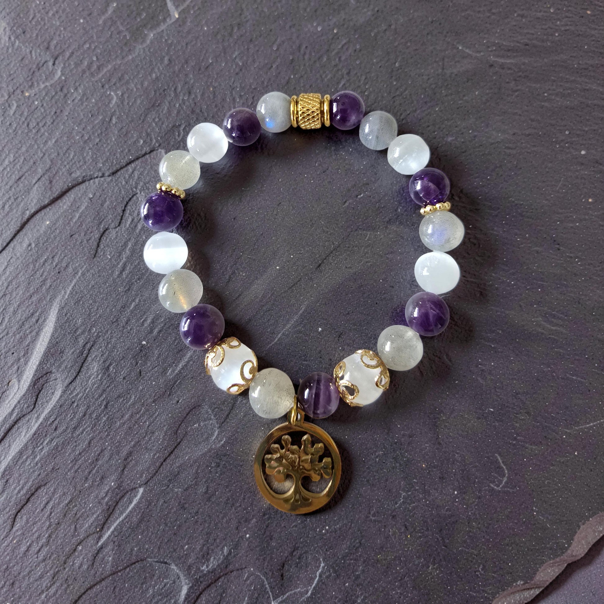 Bracelet Iris – Labradorite, Améthyste & Sélénite | Arbre de Vie