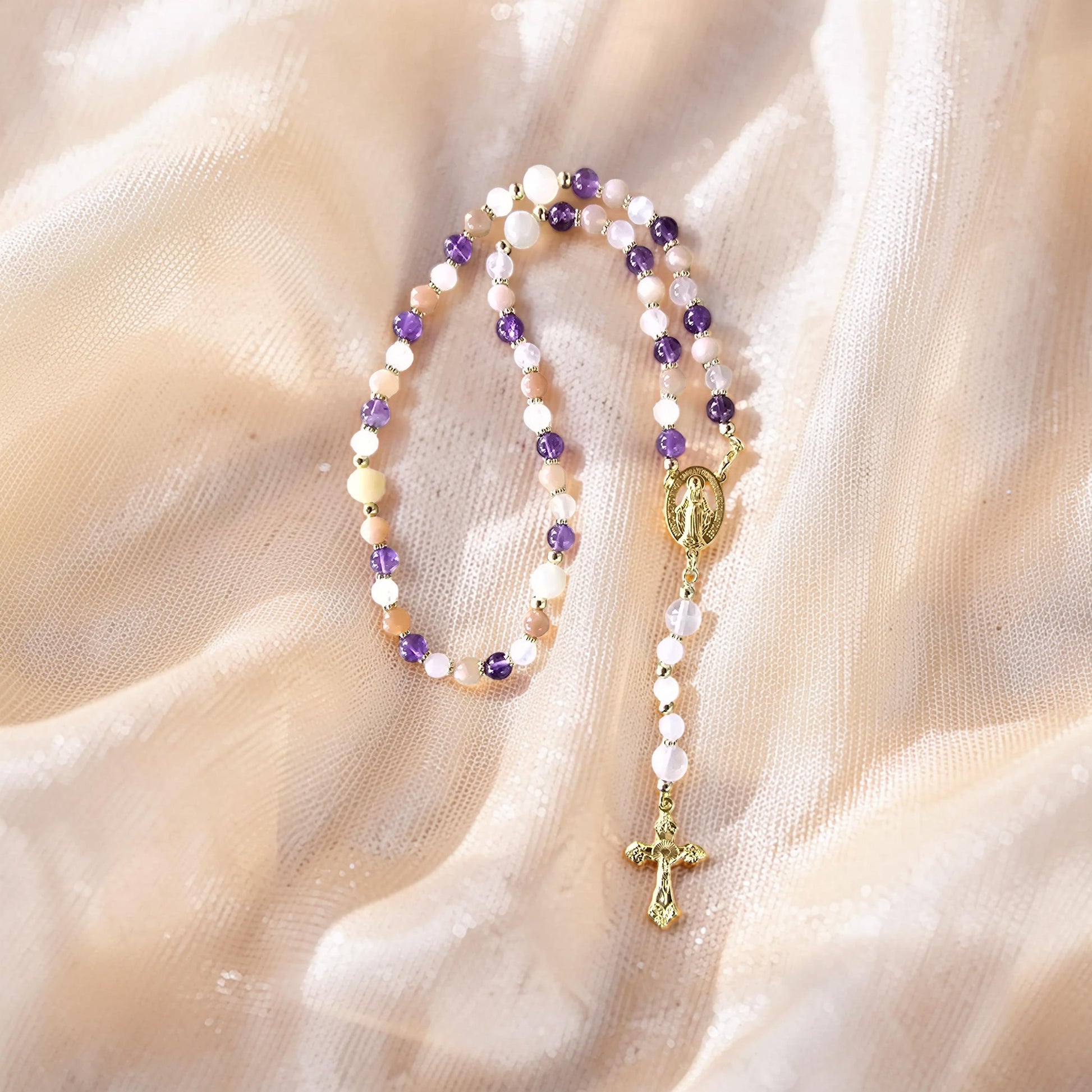 Chapelet de Prière — Quartz Rose, Améthyste & Pierre de Lune