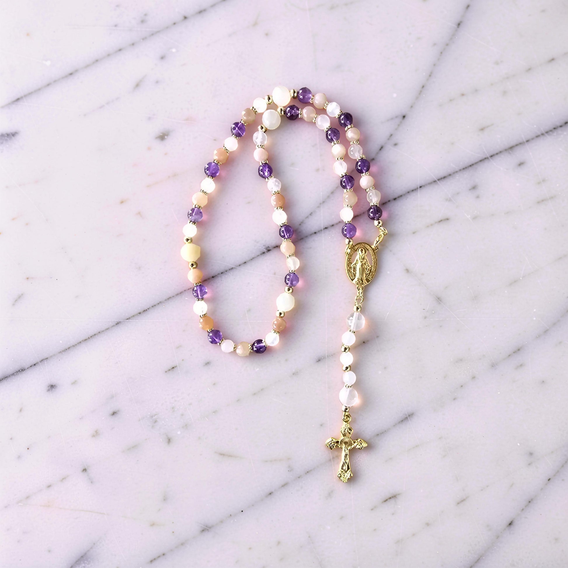Chapelet de Prière — Quartz Rose, Améthyste & Pierre de Lune