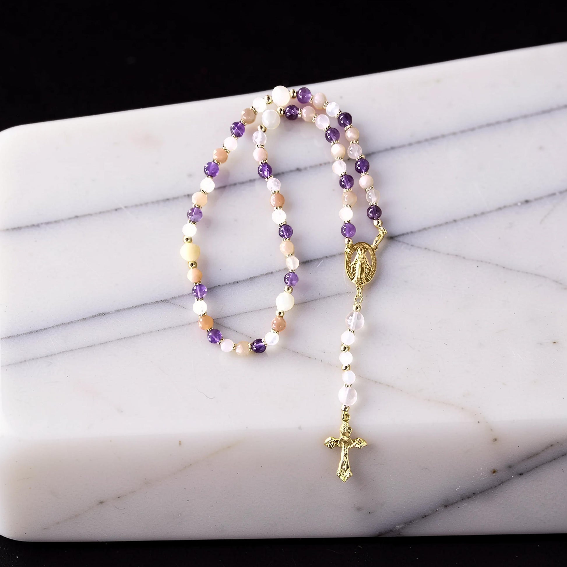 Chapelet de Prière — Quartz Rose, Améthyste & Pierre de Lune