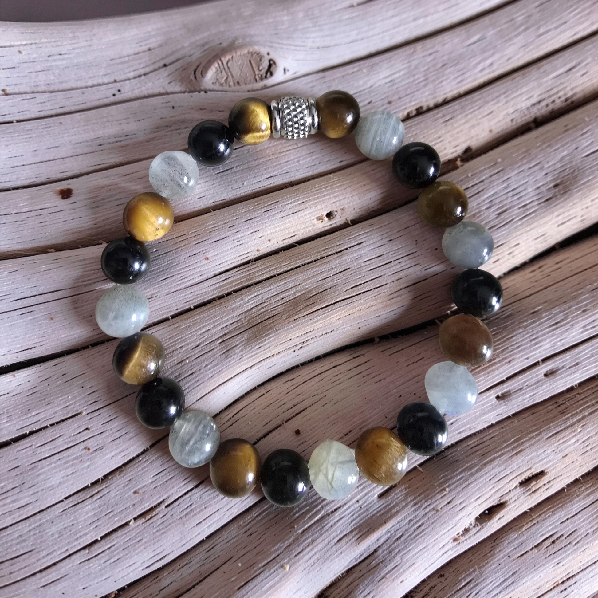 Bracelet Égide — Protection Absolue | Labradorite, Obsidienne Noire & Œil de Tigre