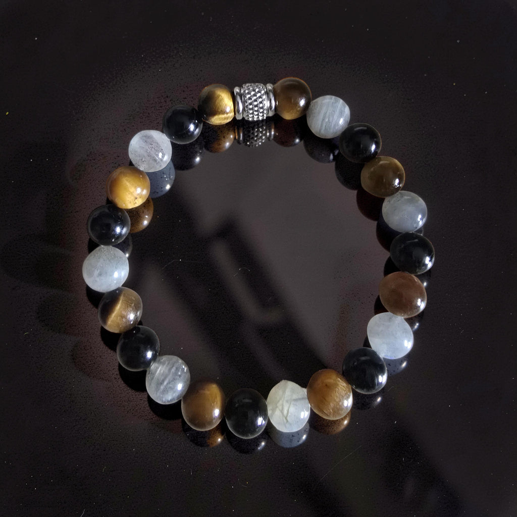 Bracelet Égide — Protection Absolue | Labradorite, Obsidienne Noire & Œil de Tigre