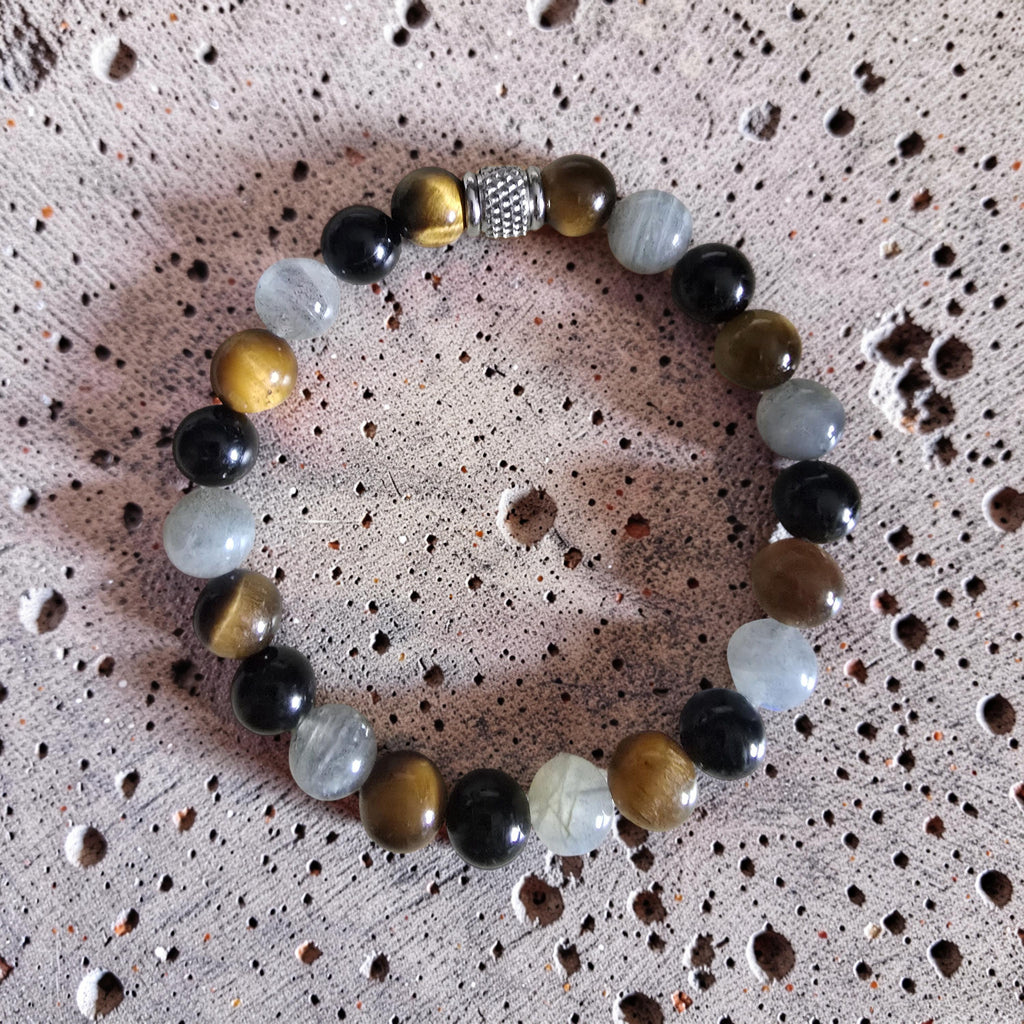 Bracelet Égide — Protection Absolue | Labradorite, Obsidienne Noire & Œil de Tigre