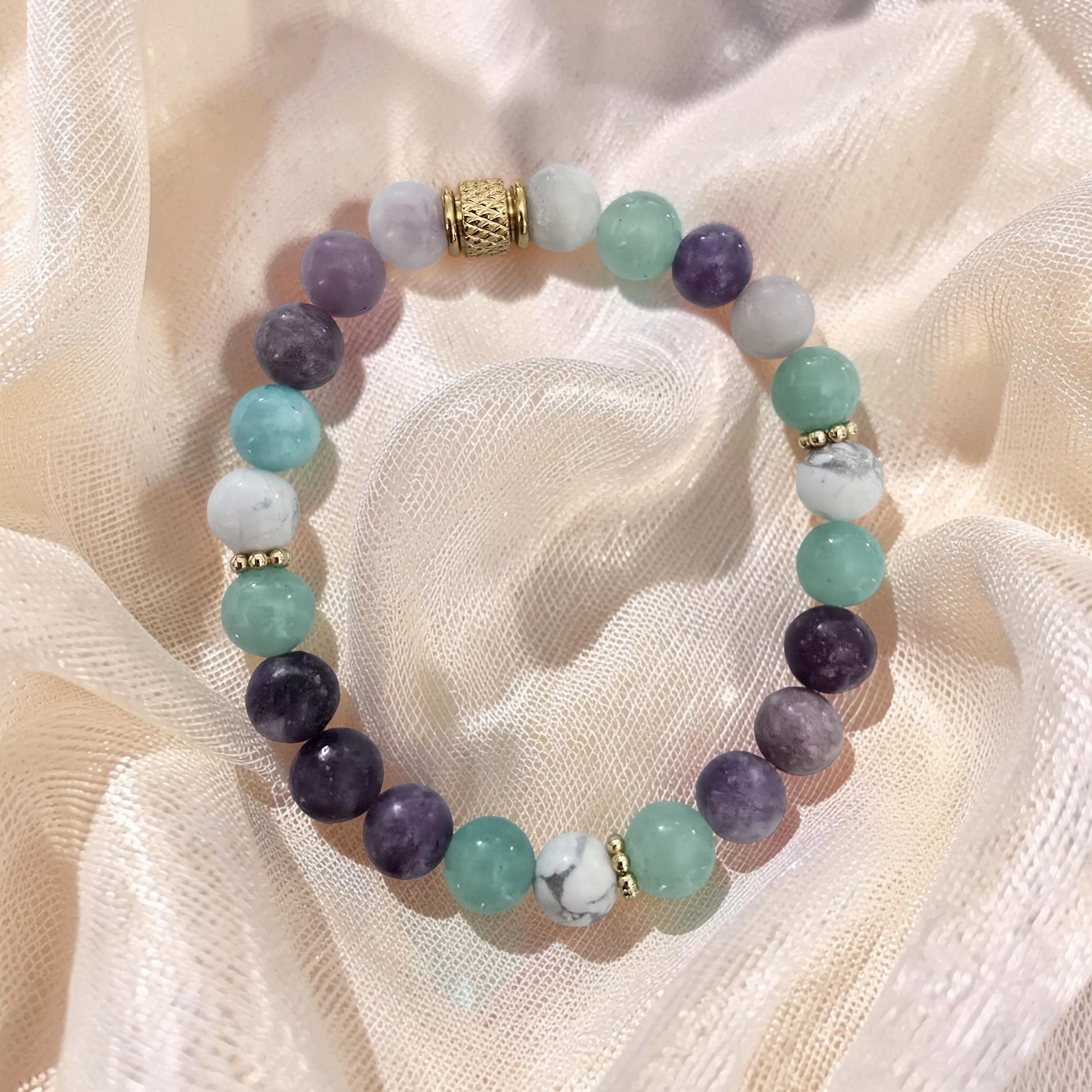 Bracelet Amazonite, Howlite & Lépidolite – Douceur Infinie