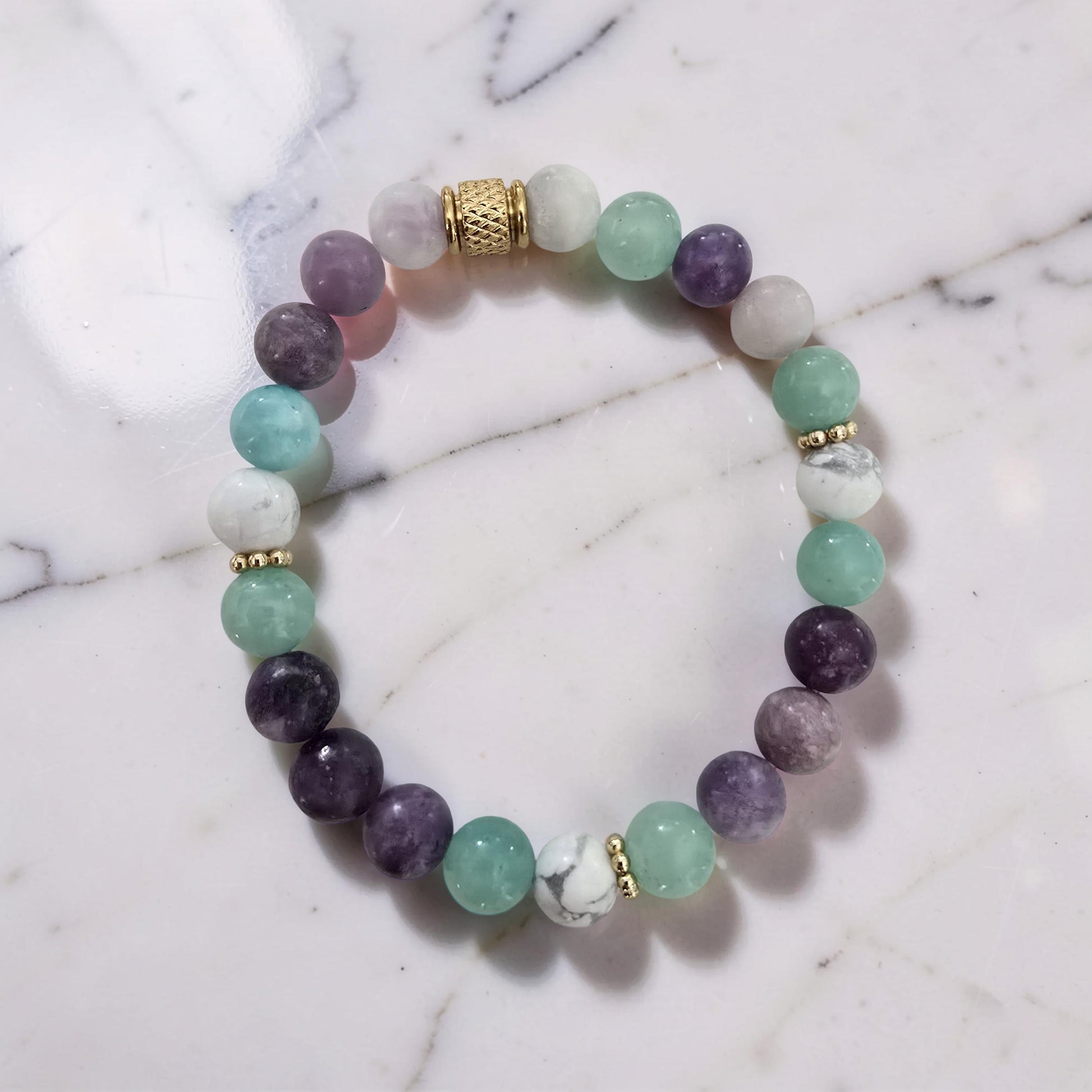 Bracelet Amazonite, Howlite & Lépidolite – Douceur Infinie