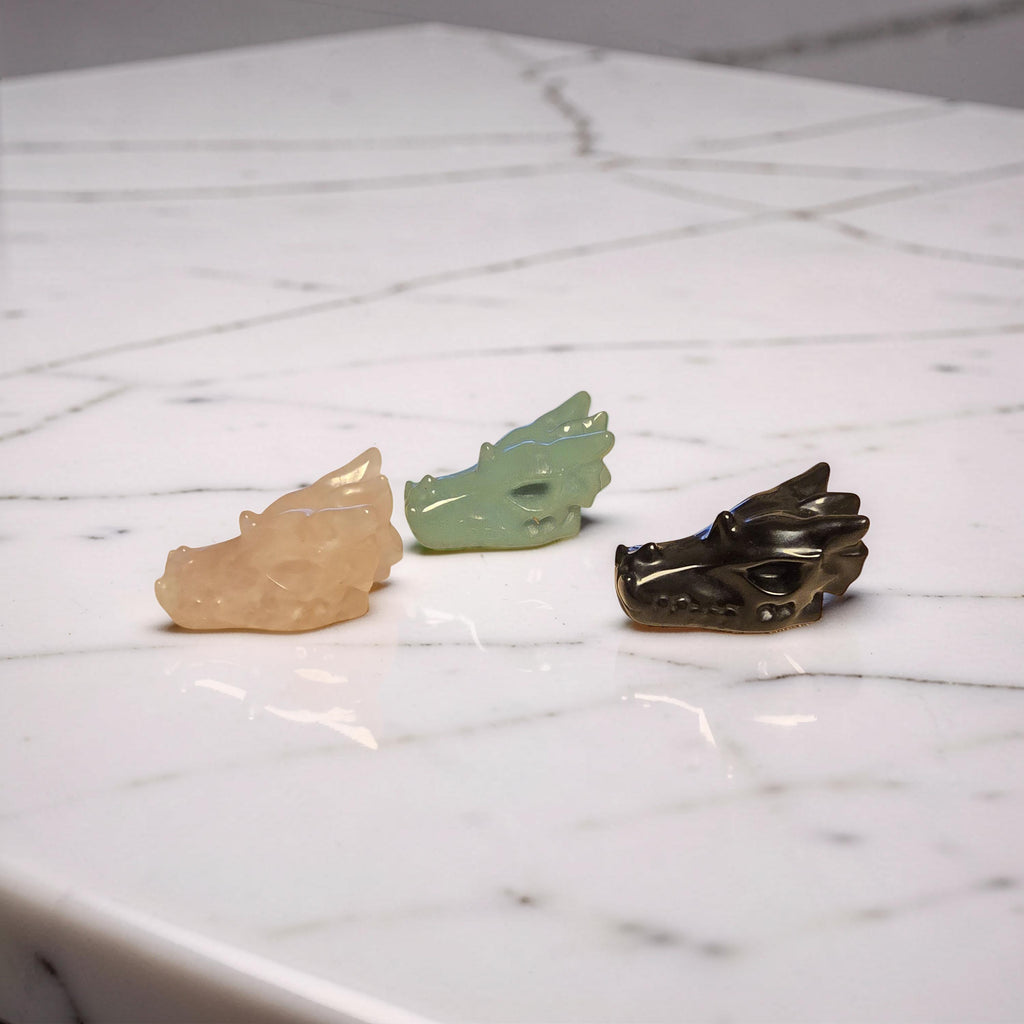 Tête de Dragon en Pierre Naturelle – Quartz Rose, Aventurine Verte ou Obsidienne Noire