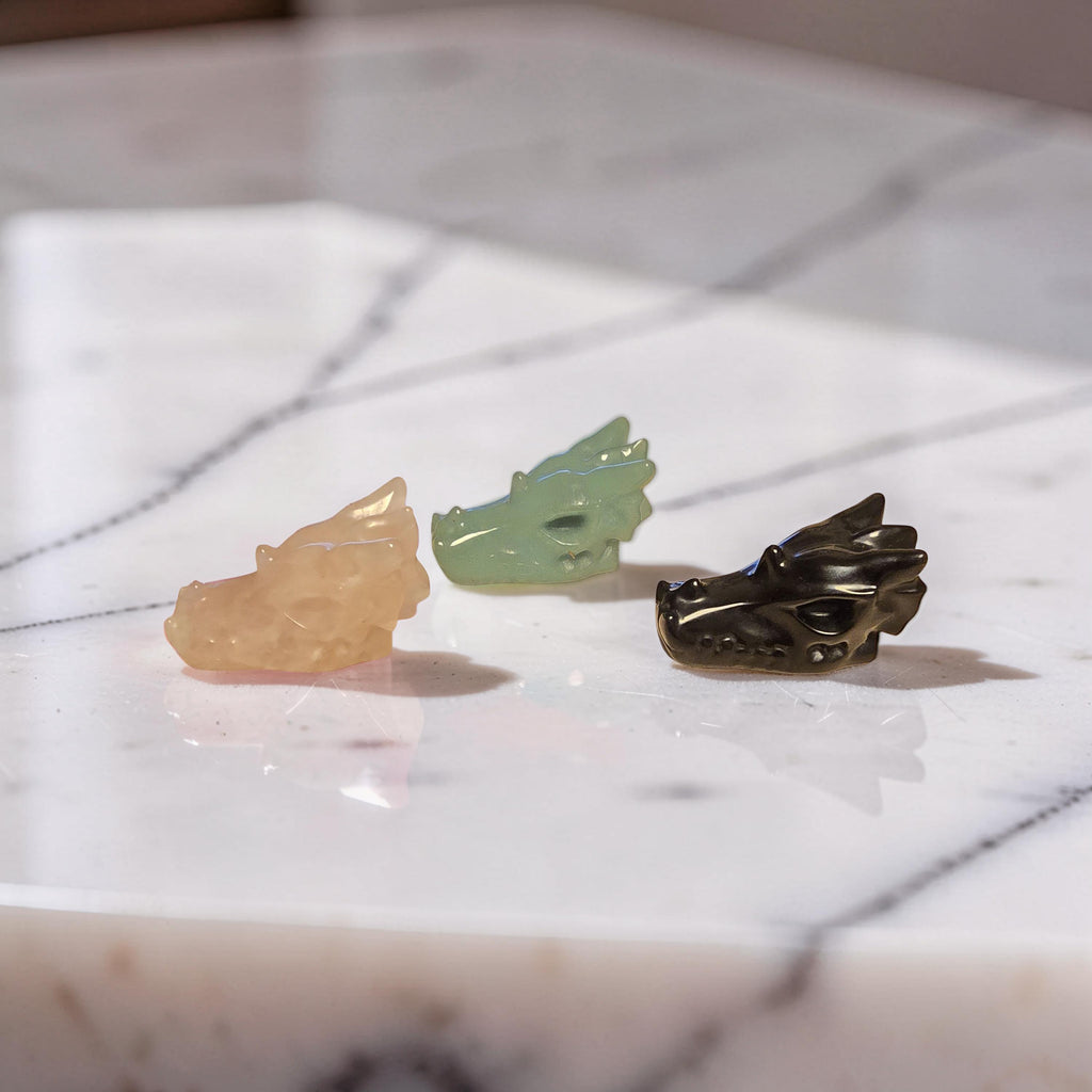 Tête de Dragon en Pierre Naturelle – Quartz Rose, Aventurine Verte ou Obsidienne Noire