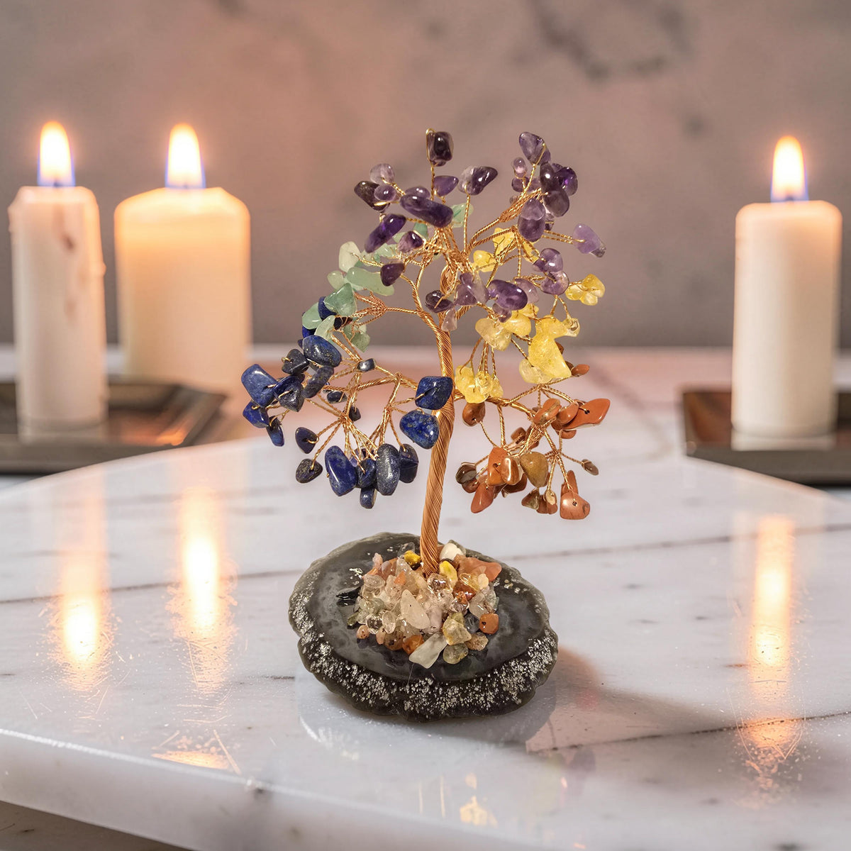 Arbre de Citrine Naturelle ou 7 Chakras – Pétales de Pierre | 12 cm ou 20 cm