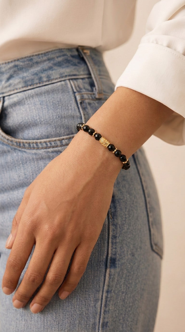 Bracelet Bouclier Noir – Obsidienne Noire
