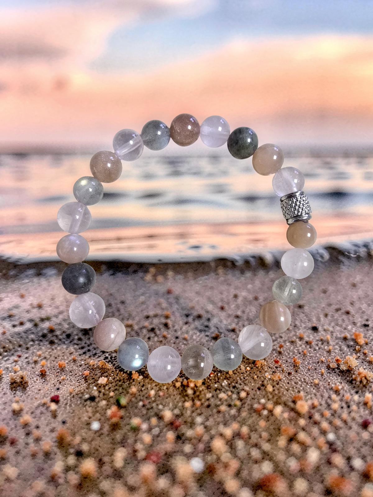 Bracelet Lumière Intérieure – Quartz Rose, Pierre de Lune Orangée & Labradorite