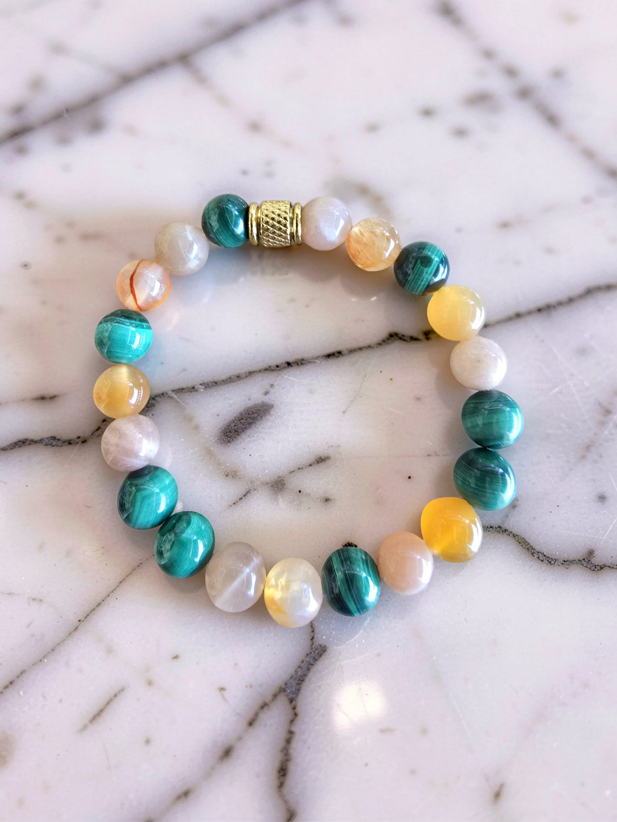 Bracelet Lithothérapie Endômétriose – Malachite, Pierre de Lune & Cornaline