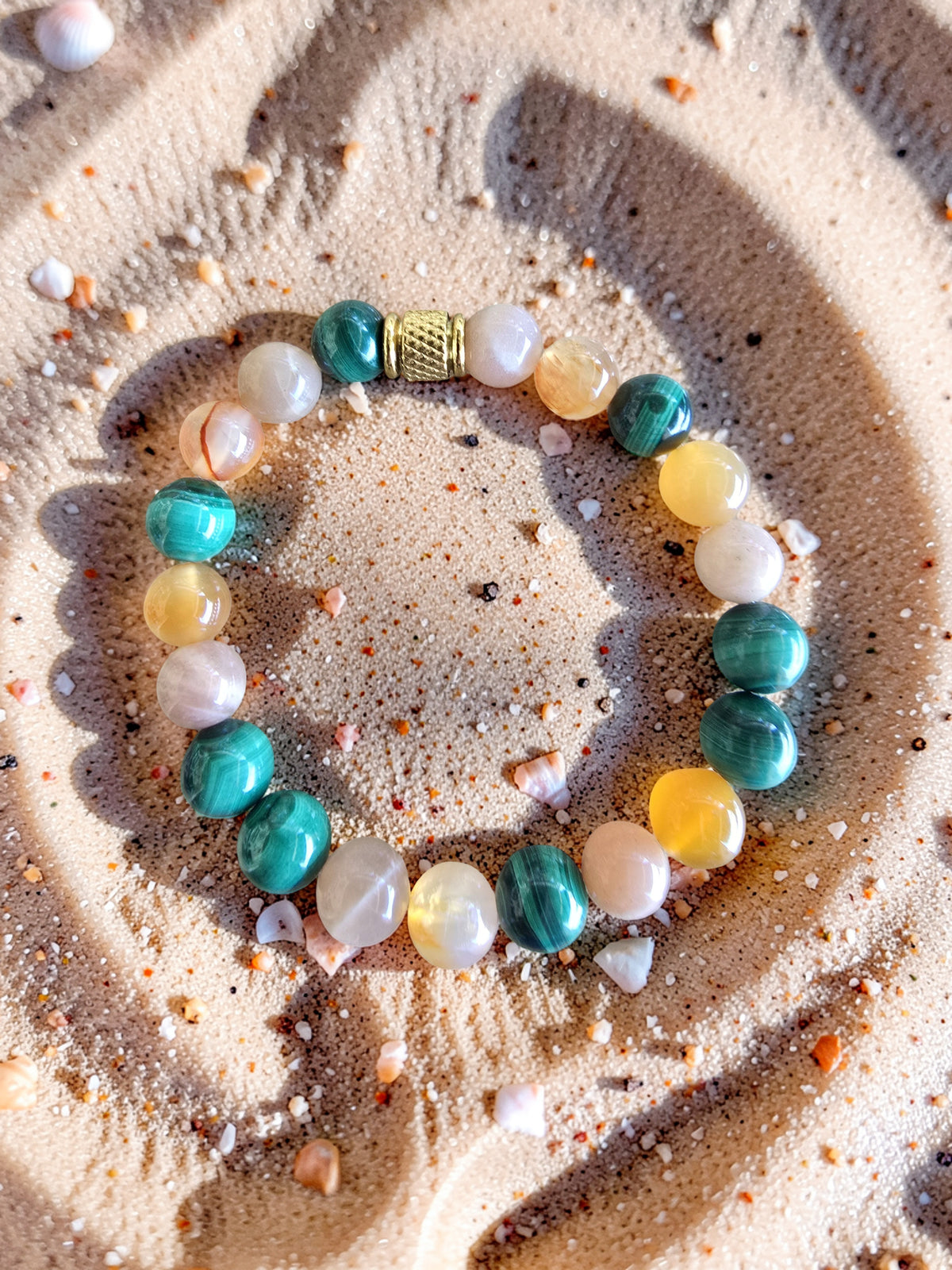 Bracelet Lithothérapie Endômétriose – Malachite, Pierre de Lune & Cornaline
