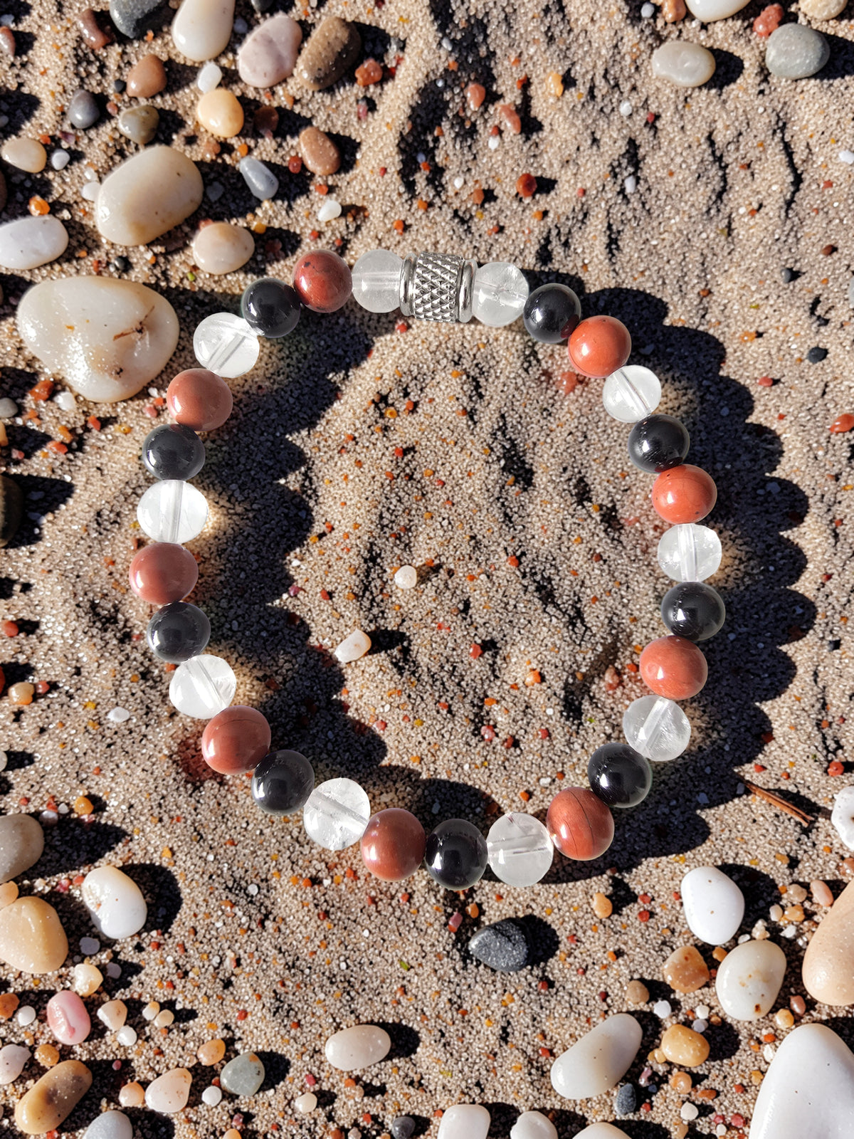 Bracelet Force & Équilibre – Jaspe Rouge, Cristal de Roche & Tourmaline Noire