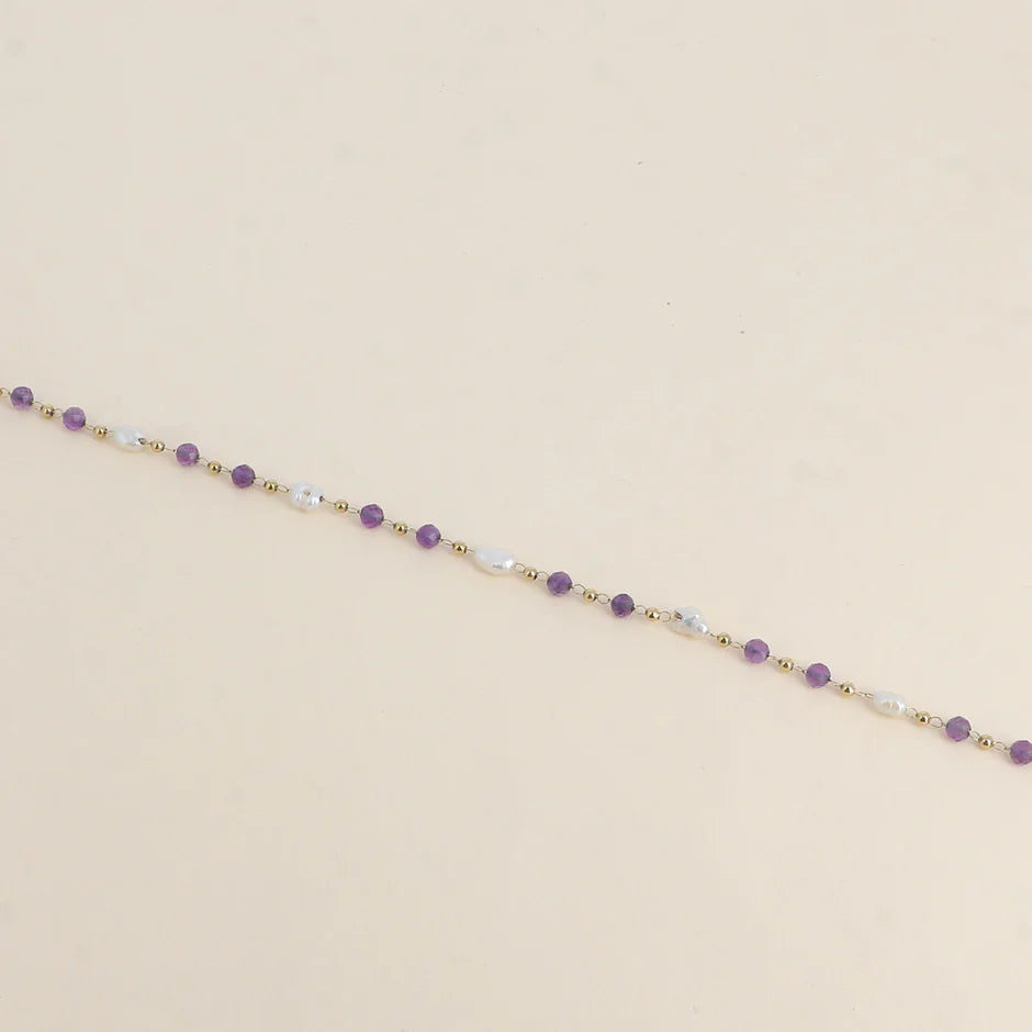 Bracelet SAFI améthyste perles eau douce détail chaîne acier doré