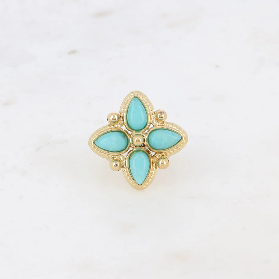 Bague Santorin – Motif Trèfle Doré & Amazonite