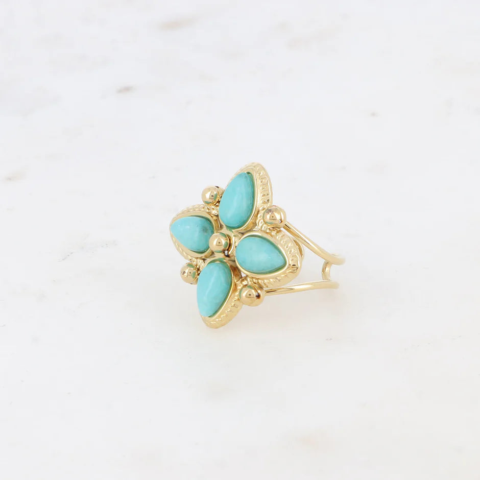 Bague Santorin – Motif Trèfle Doré & Amazonite