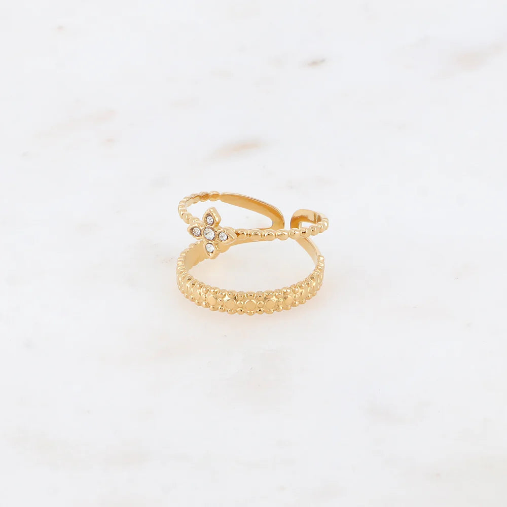 Bague Chelsea – Double Anneau Milgrain & Trèfle Cristaux