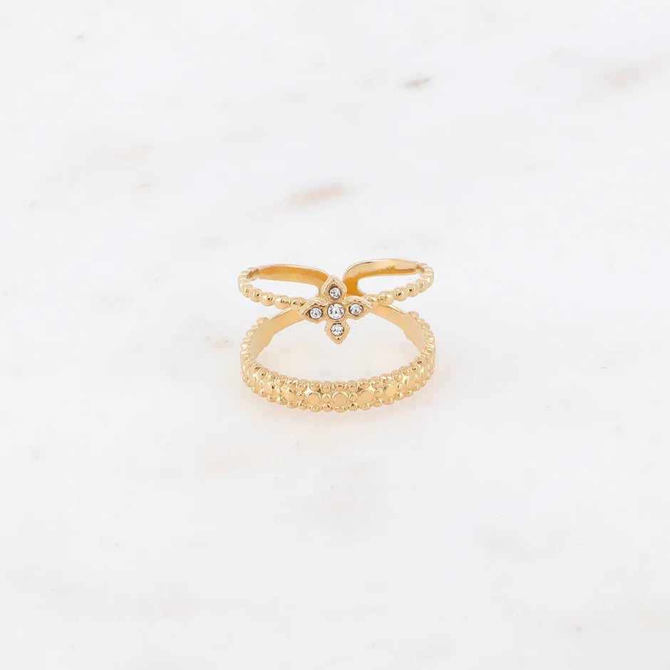 Bague Chelsea – Double Anneau Milgrain & Trèfle Cristaux