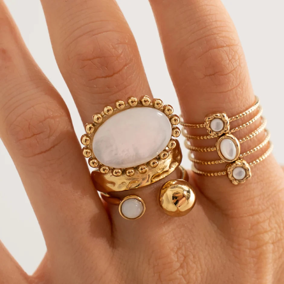 Bague Shiva – 5 Anneaux Martelés & Nacre