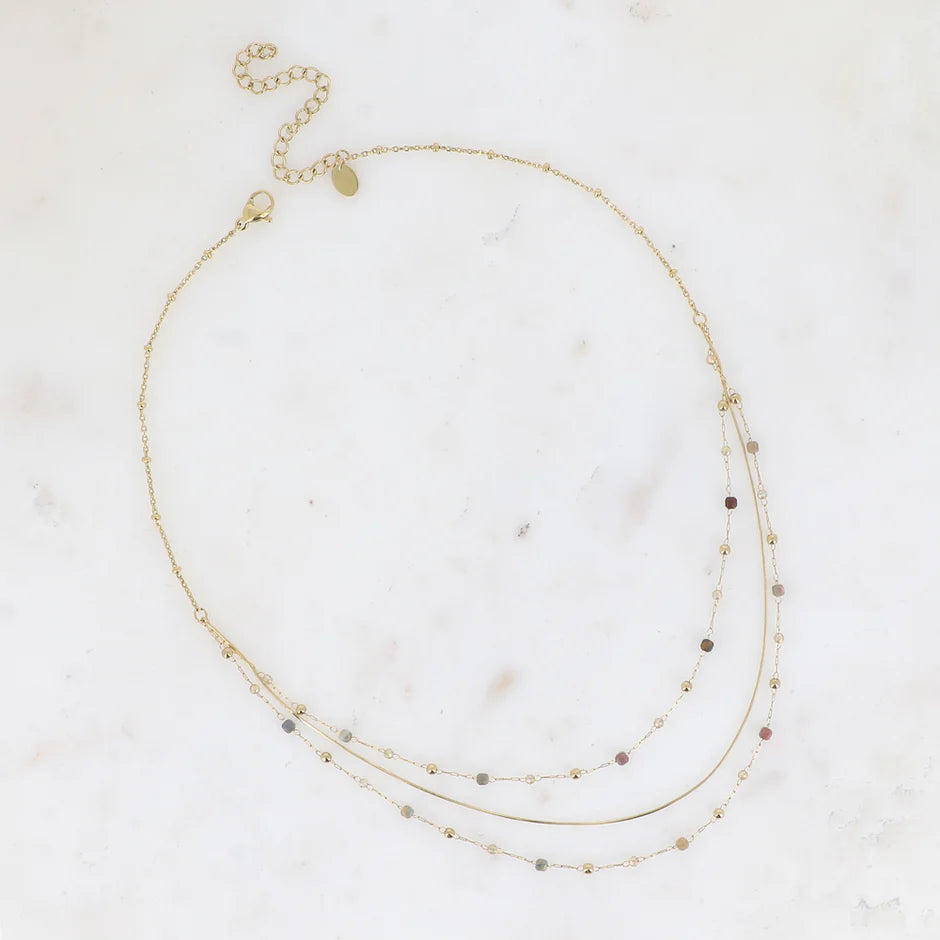 Collier Sophie – 3 Rangs Maille Serpent, Pierres Naturelles & Zirconium