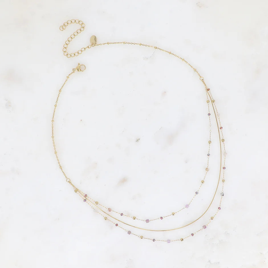 Collier Sophie – 3 Rangs Maille Serpent, Pierres Naturelles & Zirconium