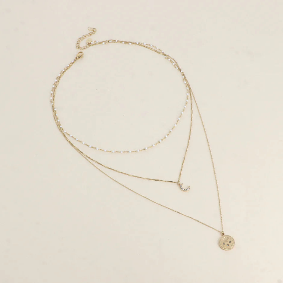 Collier Talia – 3 Rangs Lune, Médaillon Étoiles & Maille Grain de Café Émaillée