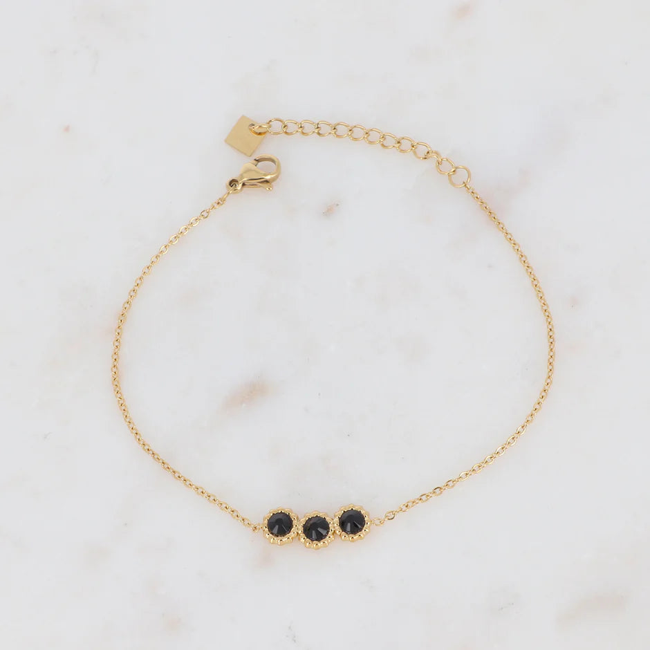 Bracelet ZARA | Fleurs Strass Noirs Acier Inoxydable | Or et Âme Bijoux